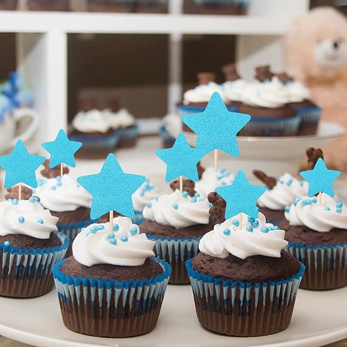 30 PCS Star Cupcake Toppers Glitter Mixed Size Twinkle Little Star Cake Picks Decorations for Wedding Engagement Baby Shower Birthday Party Supplies Blue