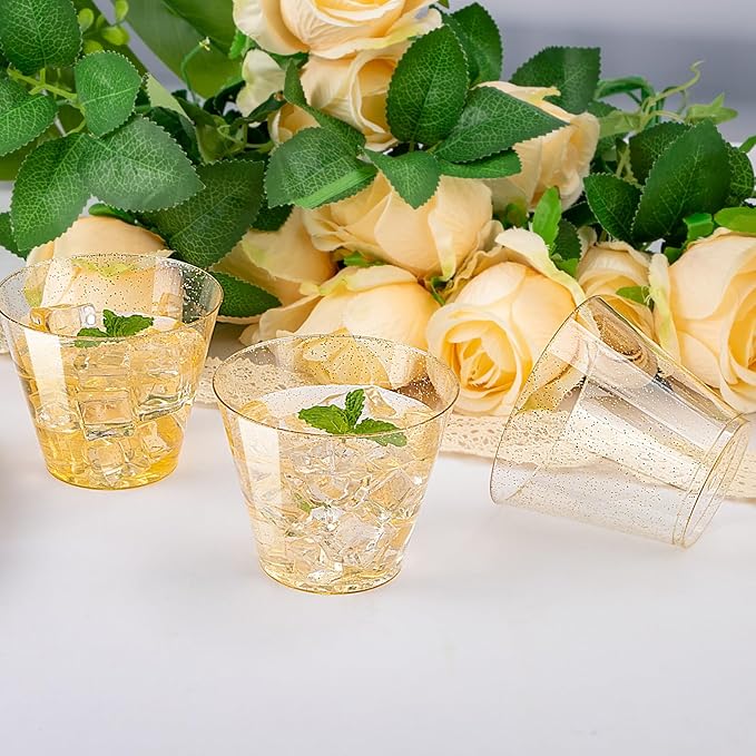I00000 200pcs Gold Plastic Cups - 9 OZ Hard Gold Glitter Disposable Cups for Cocktail & Drinking - Premium Disposable Plastic Glasses with Gold Glitter for Fancy Wedding Cups Elegant Party Glasses