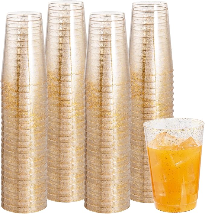 I00000 100 Pack 12 oz Gold Glitter Cups, Clear Disposable Cups, Gold Plastic Wine Glasses Cocktail Glasses Heavy Duty Cups, 12 Ounce Glitter Plastic Tumblers for Party