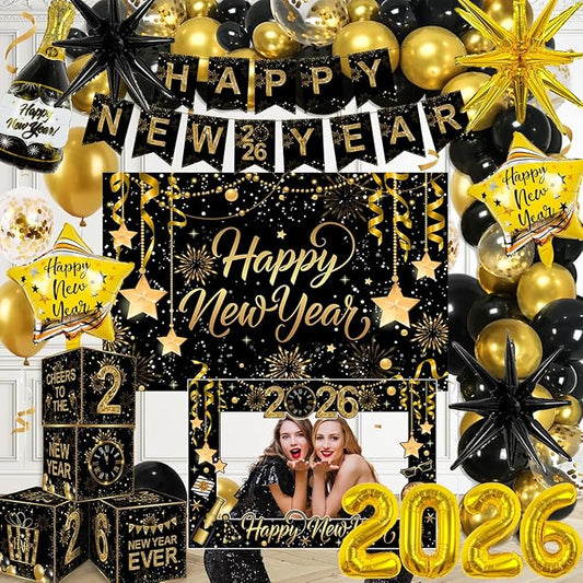 2026 New Years Decorations Black and Gold New Years Eve Balloons 2026 Banner Backdrop,Photo Booth Props,4pcs Cards Boxes Kit for 2026 Eve Party Supplies in Indoor or Outdoor