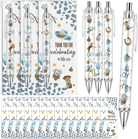50 Sets Pen Baby Shower Favors Gifts for Guests Includes 50 Rolling Paper Ballpoint Pens and 50 Greeting Thank You Bookmarks Baby Shower Party Favors (Cowboy)