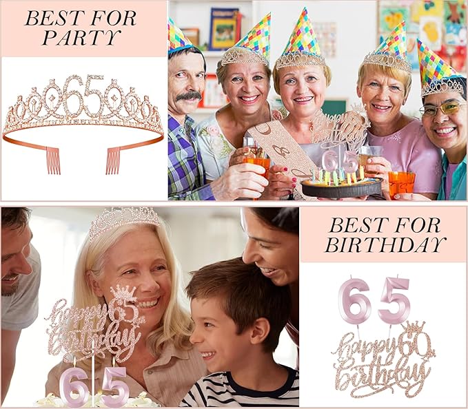 65th Birthday Gifts Decorations for Women, Including 65 year old Birthday Cake Topper,Queen Sash with Pearl Pin, Sweet Rhinestone Tiara Crown, Number Candles and Balloons Set, Rose Gold