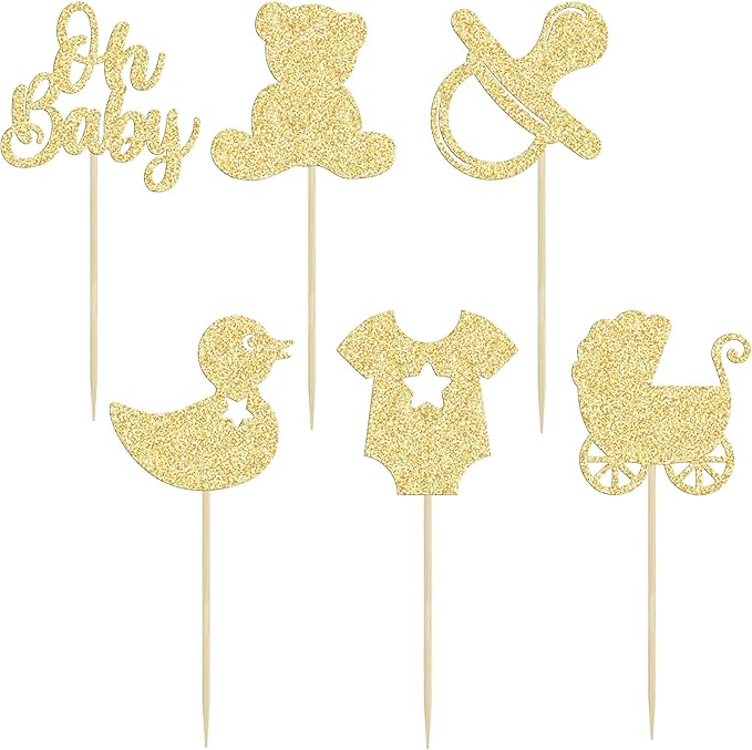 Gyufise 36Pcs Oh Baby Cupcake Toppers Glitter Bear Pacifier Baby Carriage Cupcake Picks Gender Reveal Cake Decorations for Kids Birthday Party Supplies Gold