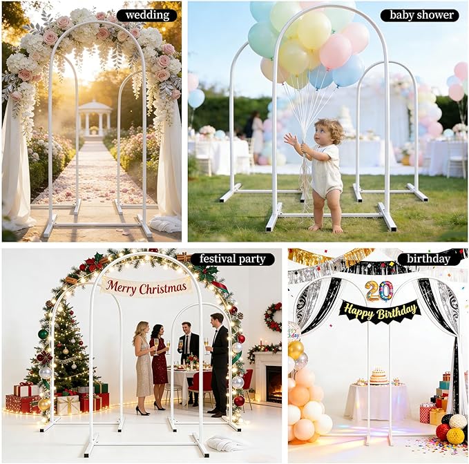 Metal Arch Backdrop Stand Set of 2, Heavy-Duty Balloons Arch Frame for Wedding Ceremony, Party, Baby Shower, Birthday Decorations (White, 7.2ft+6.6ft)