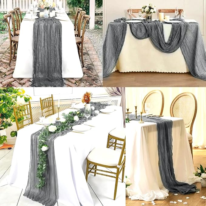 6 Pack Gray 10FT Cheesecloth Table Runner Rustic Gauze Fabric Cheese Cloth Table Runner for Wedding Bridal Baby Shower Table Decor 20 x 120 Inch Long Boho Sheer Birthday Party Table Decorations