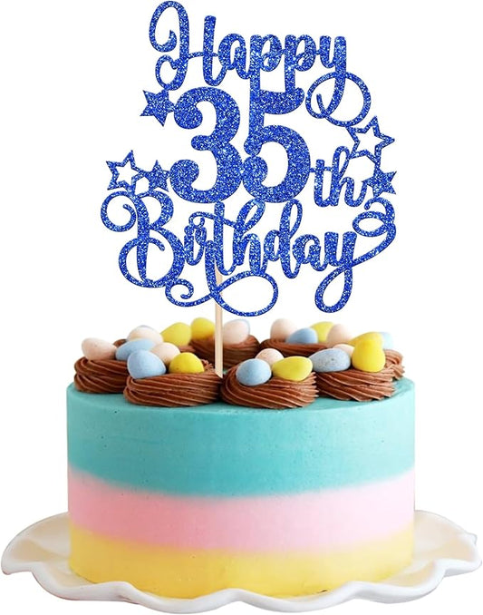 1 PCS Happy 35th Birthday Cake Topper Glitter Cheers to 35 Years Birthday Cake Pick Hello 35 Fabulous Cake Decoration for Happy 35th Birthday Anniversary Party Decorations Supplies Blue