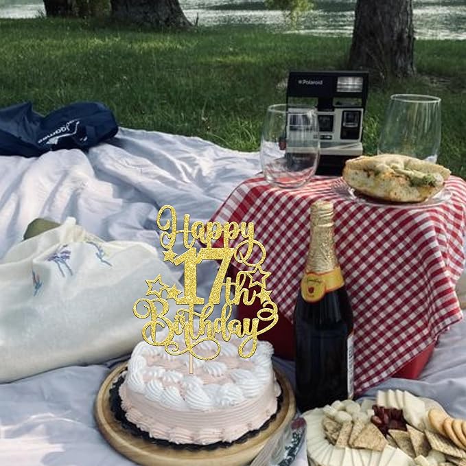 1 PCS Happy 17th Birthday Cake Topper Glitter Cheers to 17 Years Birthday Cake Pick Hello 17 Fabulous Cake Decoration for Happy 17th Birthday Anniversary Party Decorations Supplies Gold