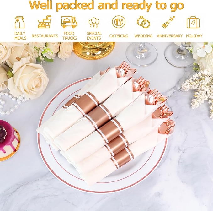 100 Pack Pre Rolled Rose Gold Plastic Silverware Set,Wrapped Plastic Cutlery Set with Napkin Include 100 Forks,100 Spoons,100 Knives and 100 White Napkins for Party, Wedding,showers