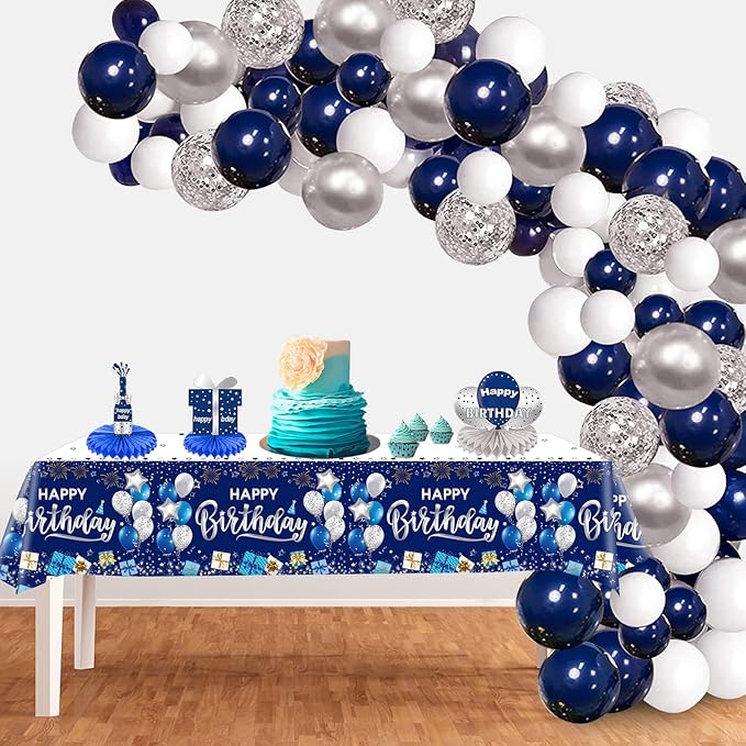 DUAIAI Happy Birthday Decorations, 1 Pcs Navy Blue and Silver Birthday Tablecloth for Boys Girls Men Women, Plastic Disposable Rectangle Table Cover for Birthday Party Supplies- 54" x 108"