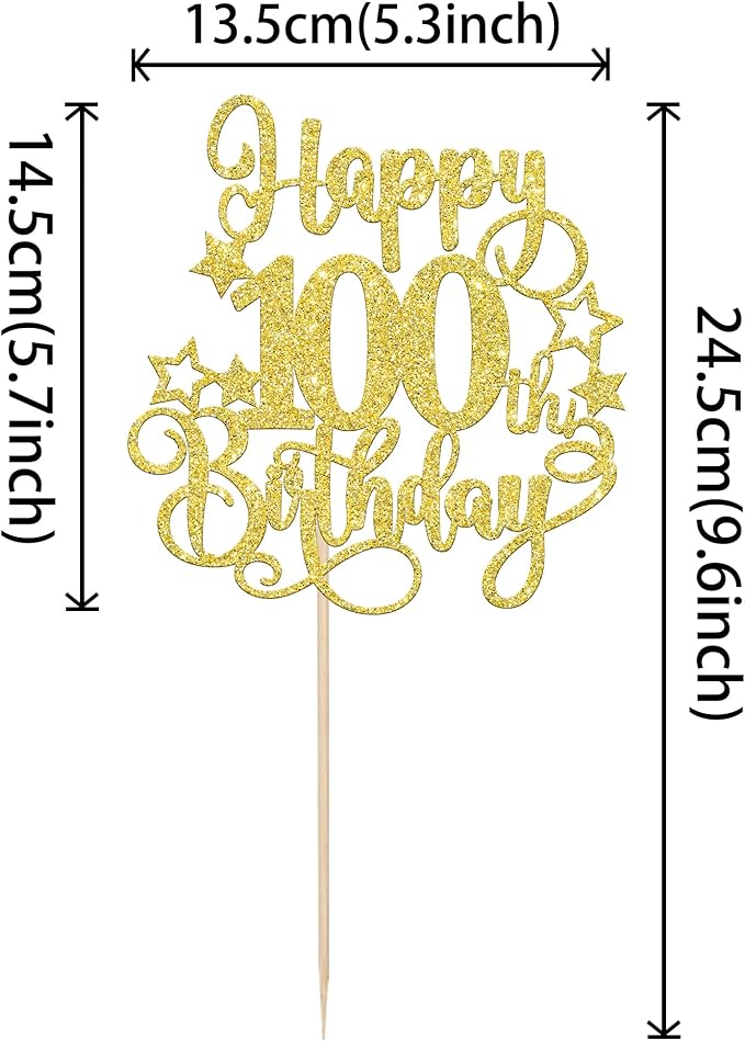 1 PCS Happy 100th Birthday Cake Topper - Glitter Cheers to 100 Years Cake Pick - Hello 100 Fabulous Cake Decoration for Anniversary Party Decorations Supplies - Gold