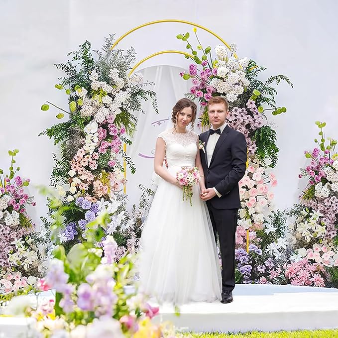7.2FT Gold Double Arch Backdrop Stand, U-Shaped Metal Wedding Arch Frame with Open Back Design for Ceremony Baby Shower Birthday Party Garden Photo Backdrops Decorations