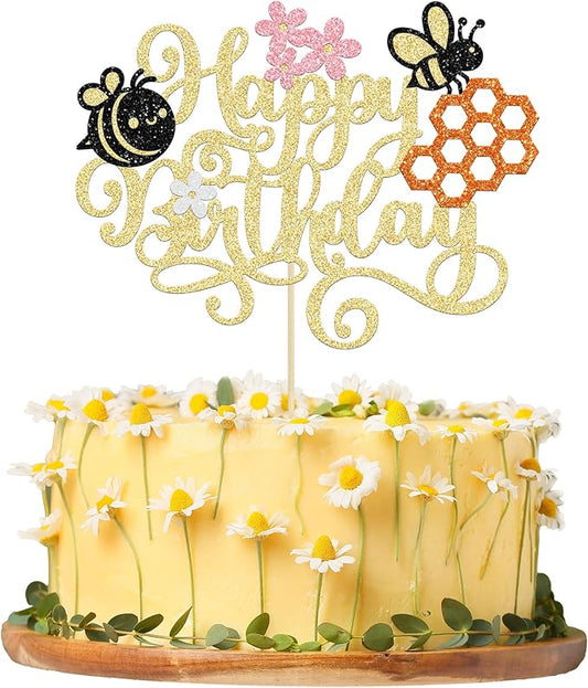 1 Pack Happy Bee Day Cake Topper Bumble Bee Happy Birthday Cake Decoration for Bee Theme Baby Shower Kids Boys Girls Birthday Party Cake Decorations Supplies Gold