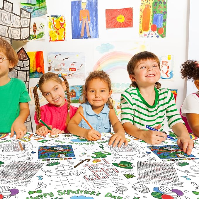 Gatherfun St. Patrick's Day Party Supplies Color-in Disposable Paper Tablecloth | 54x88 in St. Patrick's Day Party Decorations Set for Kids Birthday, School & Special Events