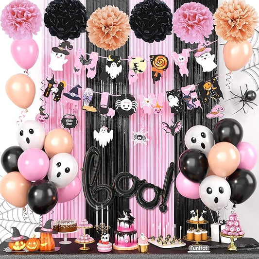 Pink Halloween Party Decorations Set,Include HAPPY HALLOWEEN Banner,Foil Balloons,Cute Hanging Swirl,Fringe Curtain,Paper Pompoms Indoor Outdoor Halloween Party Supplies