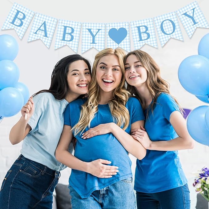 1 Pcs Blue Gingham Baby Boy Banner for Party Decorations Blue Pre Strung Baby Shower It's a Boy Gender Reveal Paper Banner for Table, Wall or Mantel Display Party Decor Supplies