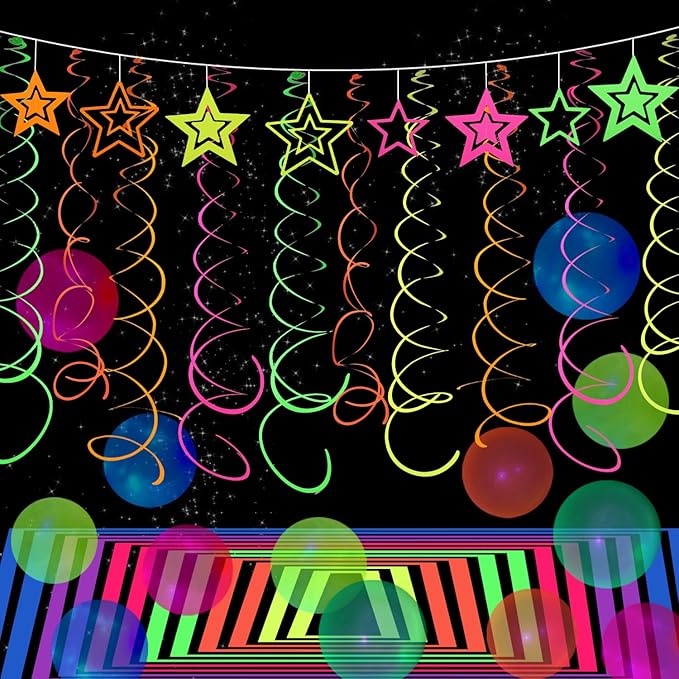 54 Pieces UV Hanging Swirl Paper Star Garlands Neon Streamers Glow Party Supplies and Decorations Black Light UV Reactive for Dark Glow Wedding Birthday Party Favors