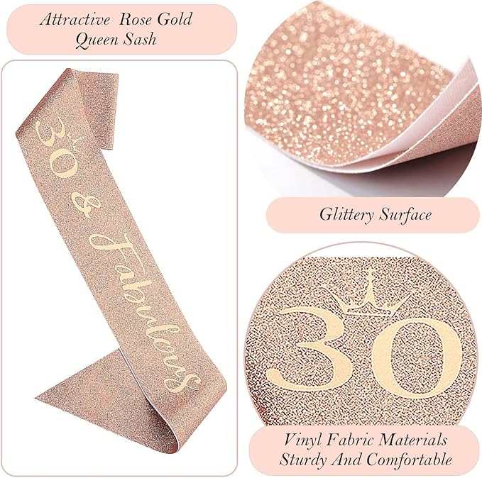 30th Birthday Decorations for Her, 30th Birthday Sash and Crown, Cake Topper and Candles, Pop Up Card, Number Balloons, 30 Year Old Gifts for Women, 10pcs