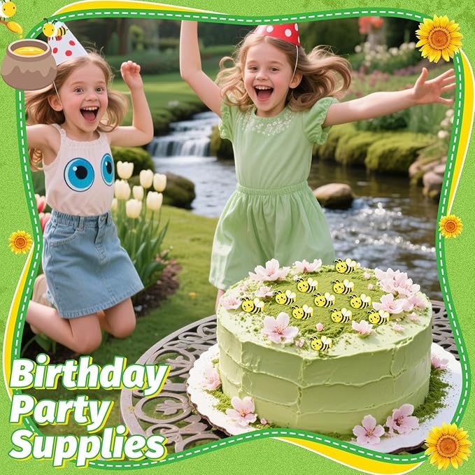 24 PCS Bee Cupcake Toppers Cupcake Rings Birthday Cupcake Toppers Bee Cupcake Picks Cake Decorations Supplies for Bee Theme Baby Shower Party