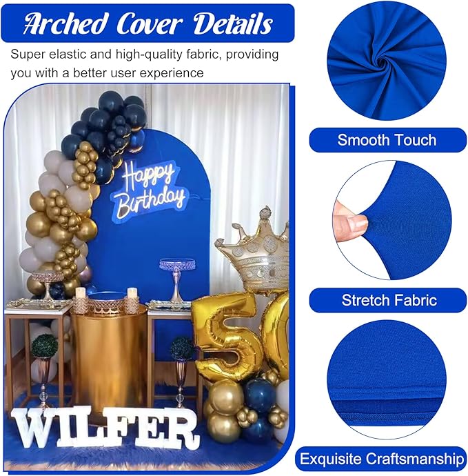Metal Arch Stand and Cover Set,1 Royal Blue Spandex Fitted Backdrop with 1 Gold Wedding Arched Stand Frame for Parties Birthday Baby Shower Bridal Banquet Decoration (7.2FT)