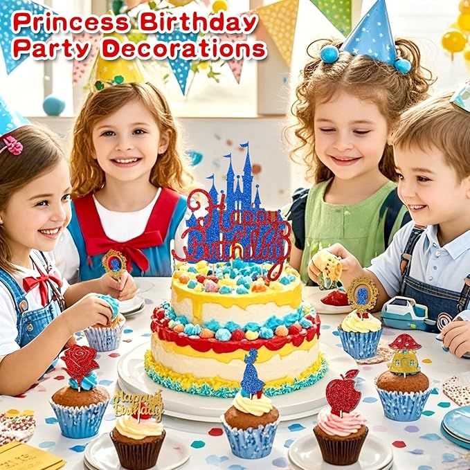 26Pcs Glitter Princess Cake Topper Set with Royal Blue Castle Happy Birthday Cake Toppers Red Rose Apple Cupcake Toppers for Princess Winter Wonderland Forest Baby Shower Party Decor