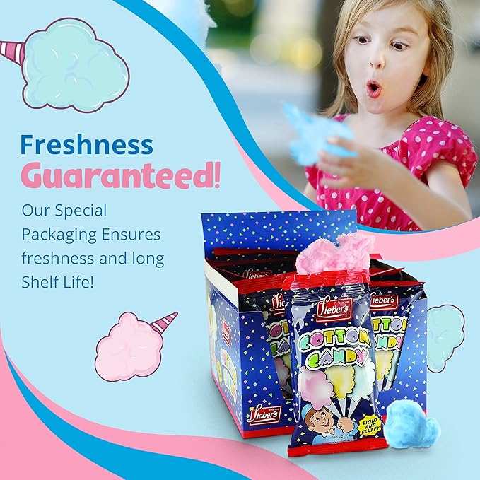 Lieber's Cotton Candy | 48 Pack of Light & Fluffy Vintage Candy | Blue & Red Carnival Birthday Party Favors Treats Supplies for Kids, Kosher | 0.8 Ounce Bags (48 Pack)
