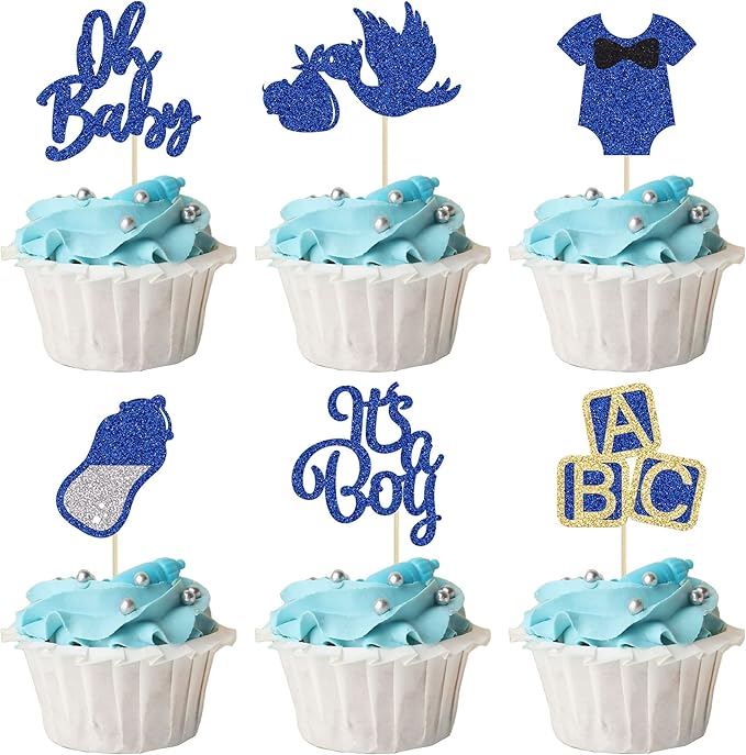 24Pcs Baby Shower Oh Baby Cupcake Toppers with Bow Onesie Bottle Boy Deep Blue Glitter Cake Picks Decorations for Baby Shower Gender Reveal It's a Boy Birthday Party Supplies