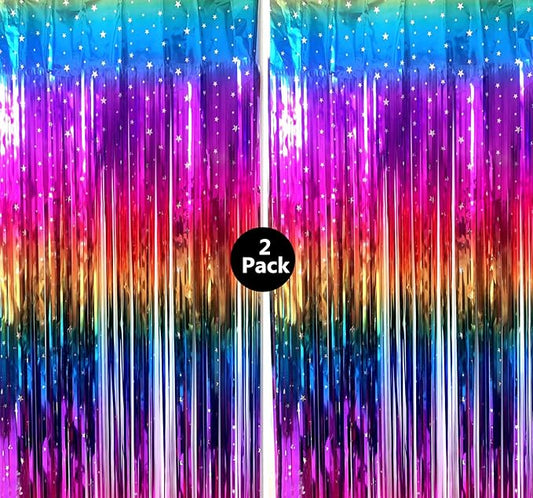 Sparkly Rainbow Gradient Tinsel Foil Fringe Curtain Metallic Streamers for Birthday Party Decorations Wedding Graduation Baby Shower Bachelorette Photo Booth Props 2 Packs