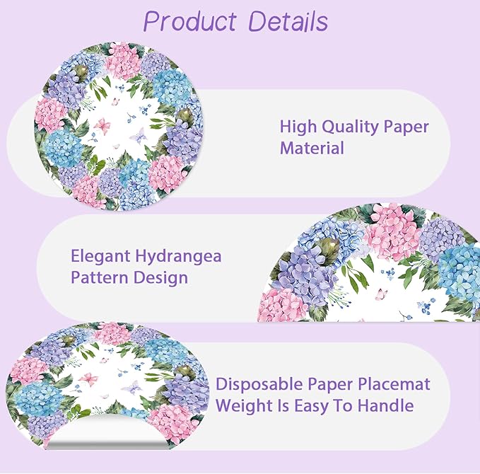 Paper Placemats Disposable 50 Pack Hydrangea Placemats 13.7 Inch Hydrangea Floral Place Mats Round Table Mats Spring Summer Table Mats for Birthday Wedding Party Supplies