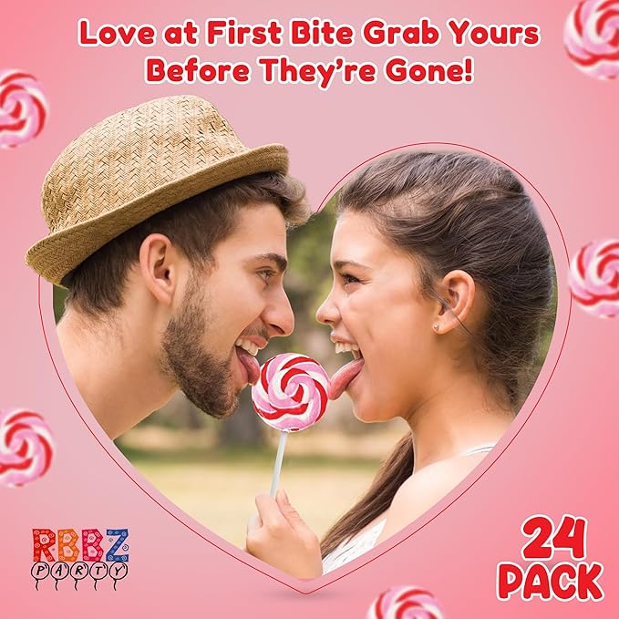 24 Red, Pink and White Lollipops Individually Wrapped - 18g Swirl and 12g Twisty Suckers