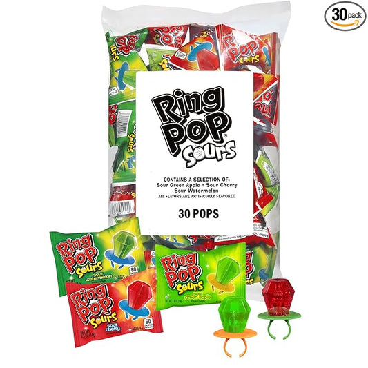 Ring Pop Sour Christmas Candy Lollipops, 30 Ct Bulk Individually Wrapped in Assorted Fruity Sour Flavors, Full Size, Hard Candy For Birthdays, Holiday Parties, Stocking Stuffers, Gifts, Party Favors