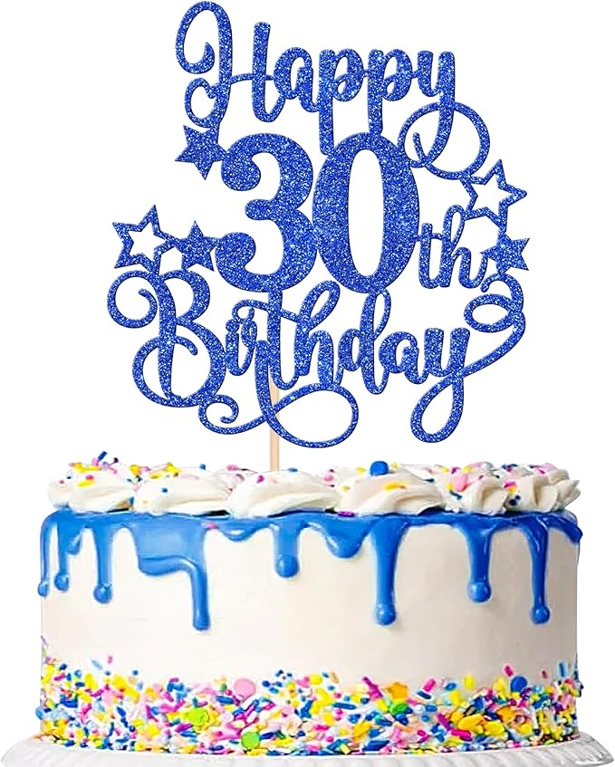 1 PCS Happy 30th Birthday Cake Topper Glitter Cheers to 30 Years Birthday Cake Pick Hello 30 Fabulous Cake Decoration for Happy 30th Birthday Anniversary Party Decorations Supplies Blue