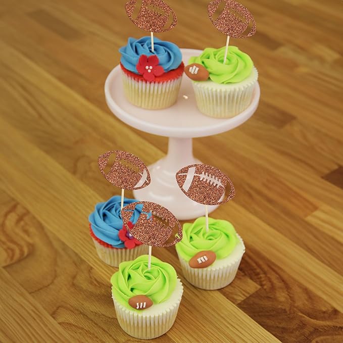 24Pcs Rugby Football Cupcake Toppers Rugby Ball Cupcake Picks Sports Ball Theme Cake Decoration for Rugby Super Baby Shower Kids Birthday Party Decorations Supplies