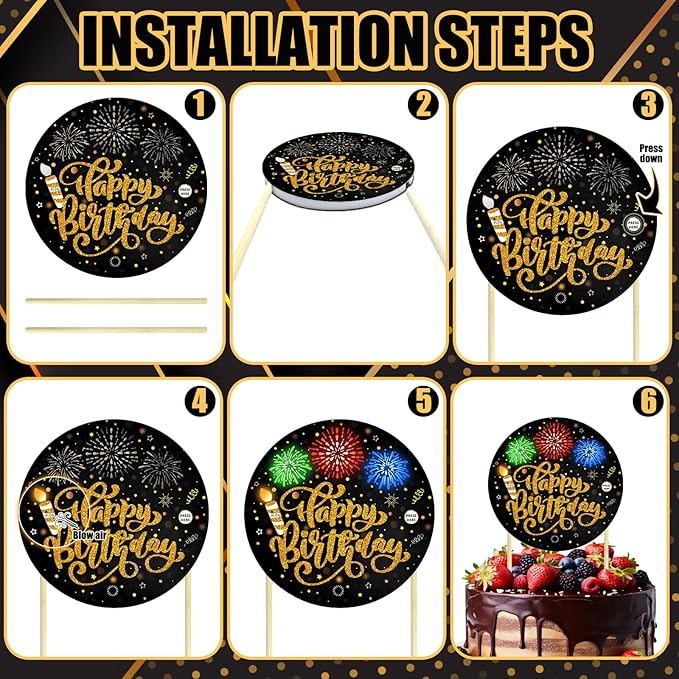 Birthday Cake Toppers，with Light and Music, Blowable，Birthday candles，Fabulous Cake Decoration for girl or Women– Plays Hit Song 'HAPPY Birthday' (Black Gold)