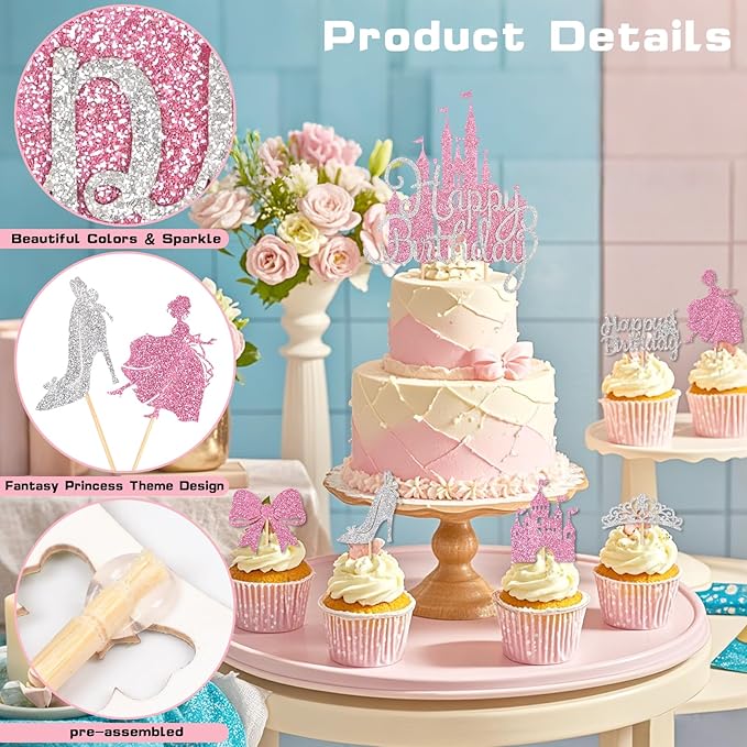 26Pcs Castle Princess Cake Topper Silver Pink Glitter Princess Cupcake Toppers High Heel Bow Crown Princess Cake Decorations for Princess Birthday Party Supplies Baby Bridal Shower