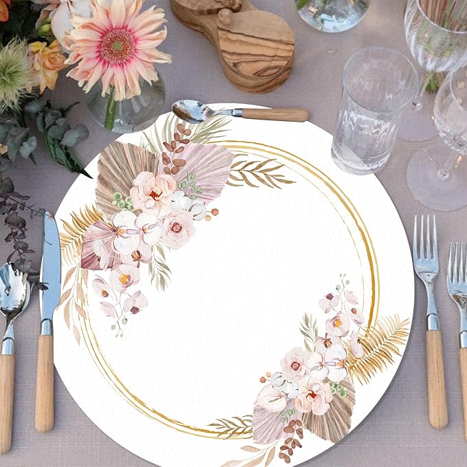 50 Pack Paper Placemats Disposable Boho Floral Leaves Place Mats 13.7 Inch Bohemian Round Table Mats for Birthday Spring Wedding Bridal Baby Shower Party Supplies