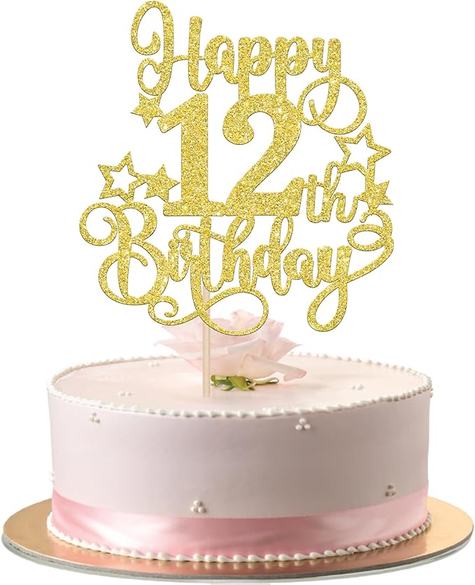 1 PCS Happy 12th Birthday Cake Topper Glitter Cheers to 12 Years Birthday Cake Pick Hello 12 Fabulous Cake Decoration for Happy 12th Birthday Anniversary Party Decorations Supplies Gold