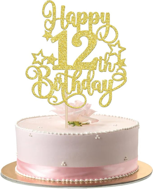 1 PCS Happy 12th Birthday Cake Topper Glitter Cheers to 12 Years Birthday Cake Pick Hello 12 Fabulous Cake Decoration for Happy 12th Birthday Anniversary Party Decorations Supplies Gold