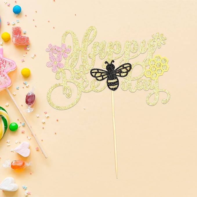 1 Pack Happy Bee Day Cake Topper Black Glitter Bumble Bee Theme Cake Pick Decorations for Baby Shower Kids Birthday Party Supplies