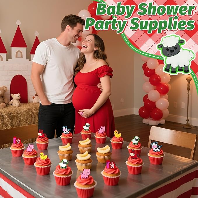 24 PCS Farm Animal Cupcake Toppers Rubber Cupcake Ring Horse Cow Farmhouse Chicken Pig Sheep Cake Toppers for Birthday Baby Shower Barnyard Tractor Theme Party Supplies Decorations