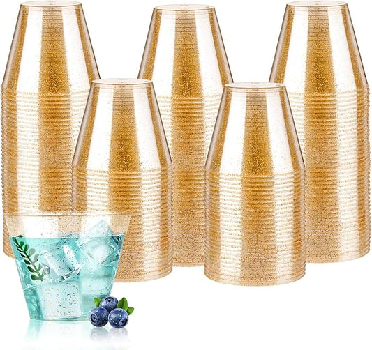 Goodluck 9 oz 200 PCS Gold Glitter Plastic Cups, Disposable Glitter Cups, Elegant Plastic Cocktail Glasses, Fancy Party Cups for Wedding, Birthday, Holiday