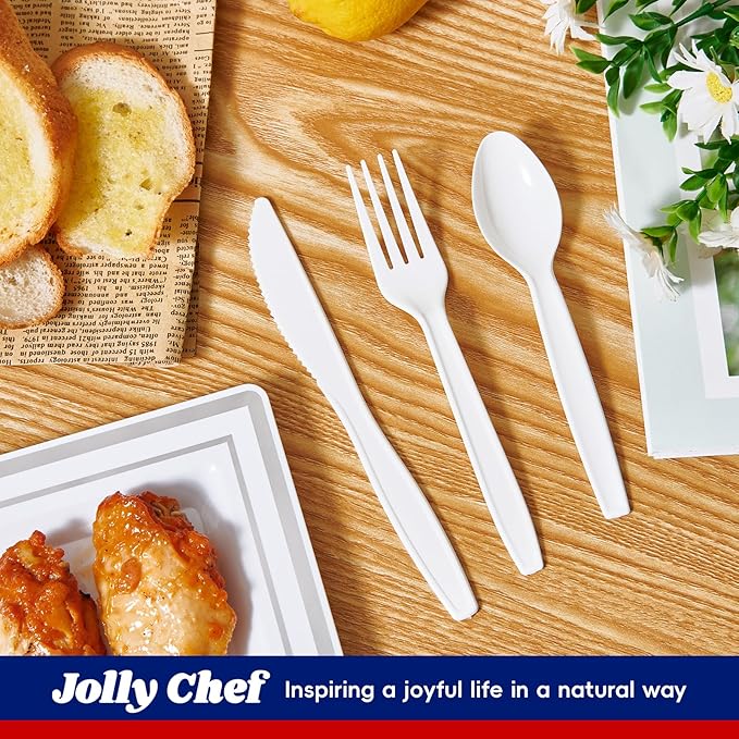 JOLLY CHEF 360 Count White Plastic Silverware Heavy Duty, 180 Forks, 120 Spoons, 60 Knives, Heat ResistantPlastic Utensils Set, Disposable Cutlery set, Premium Clear Utencils for Party, Christmas