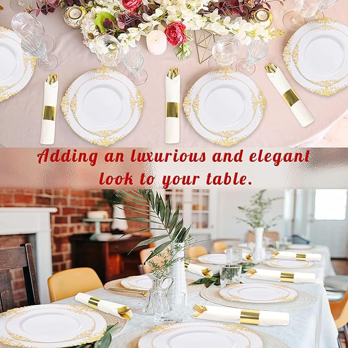 50 Pack Pre Rolled Gold Plastic Silverware Set,Fancy Wrapped Plastic Cutlery Set with Napkin Include 50 Forks,50 Spoons,50 Knives and 50 White Napkins for Party, Wedding,Christmas