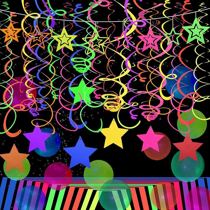 52 PCS UV Neon Rainbow Ceiling Swirl Decoration Hanging Neon Streamer for Ceiling Neon Garlands Black Light Neon Decorations for Dark Glow Party Supplies and Decorations Birthday Neon Party Favors
