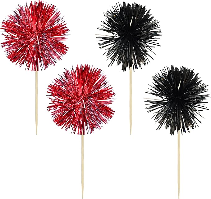 Gyufise 30Pcs Foil Firework Cupcake Toppers Sparkle Tinsel Cake Toppers Tinsel Drink Cake Decoration Cocktail Picks for Birthday Wedding Graduation Party Supplies Black Red