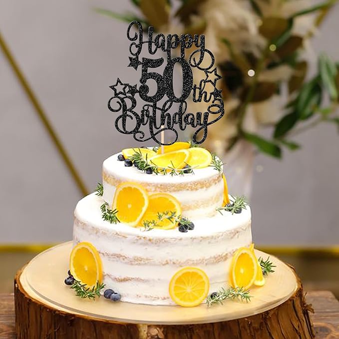1 PCS Happy 50th Birthday Cake Topper Glitter Cheers to 50 Years Birthday Cake Pick Hello 50 Fabulous Cake Decoration for Happy 50th Birthday Anniversary Party Decorations Supplies Black