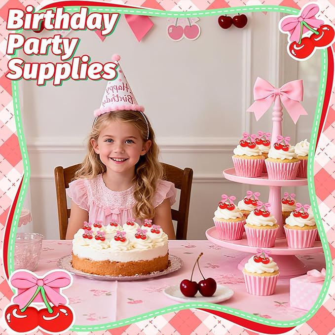 24 PCS Cherry Cupcake Toppers Pink Bow Cake Toppers Bowknot Cupcake Topper Ring She's the Cherry On Top Cake Decoration for Birthday Baby Shower Wedding Bridal Shower Party Supplies