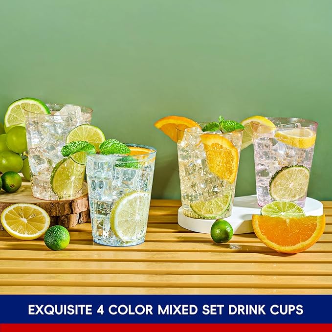 JOLLY CHEF 100 Pack 10 oz Plastic Cups, Disposable Party Cups in Assorted Colors, Plastic Glasses with 4 Colors Suitable for Wedding, Thanksgiving Day, Christmas Party