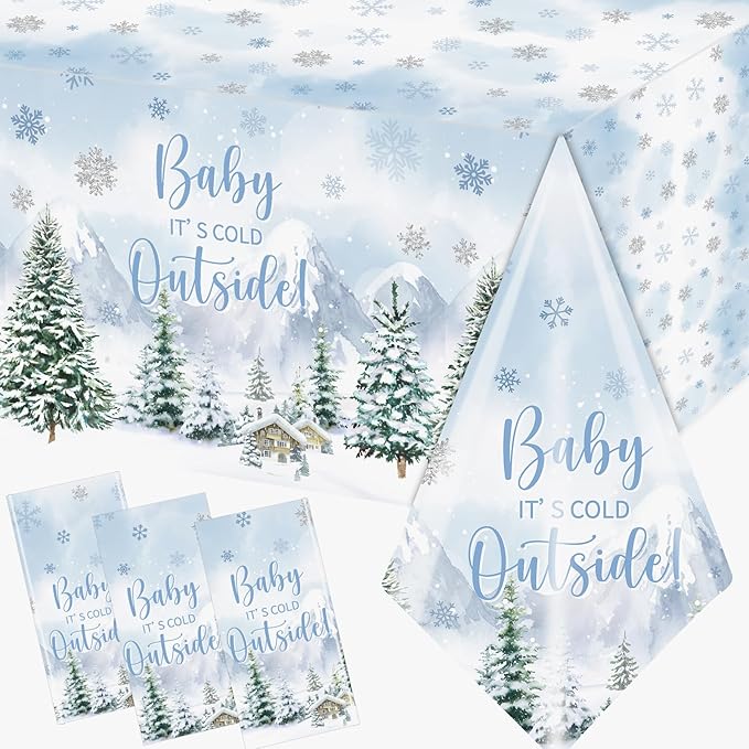 Baby It's Cold Outside Baby Shower Decorations, 3pcs Blue Winter Woodland Plastic Tablecloth Rectangle Table Cover for Christmas Baby Shower Party Decorations Boys