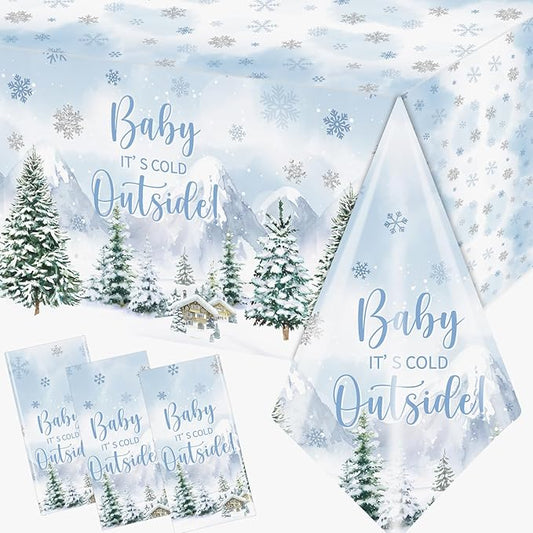 Baby It's Cold Outside Baby Shower Decorations, 3pcs Blue Winter Woodland Plastic Tablecloth Rectangle Table Cover for Christmas Baby Shower Party Decorations Boys