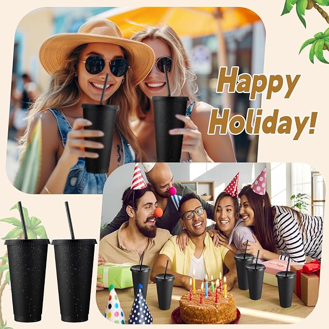 Honeydak 60 Pack Tumbler with Straw and Lid Bulk Cups for Gifts Glitter Plastic Coffee Cups 24-27 oz Reusable Water Bottle Iced Coffee Travel Mug Party Favors for Birthdays Travel (Black)